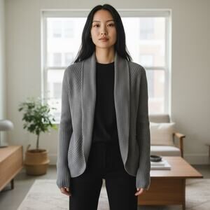 Nicole Miller Sweater Cardigan Open NWT SZ Med Gray Shawl Collar Drapery Boho